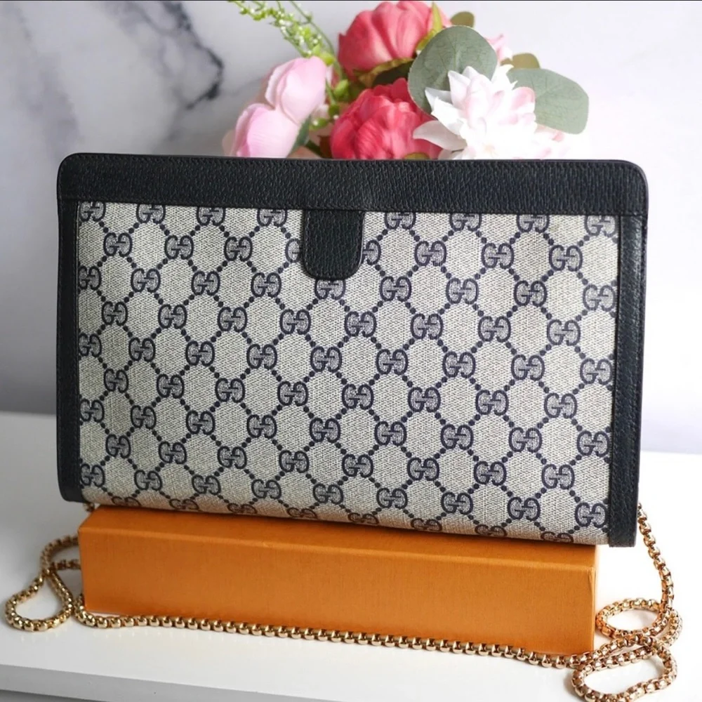 Gucci Beige Navy Monogram Canvas Leather Clutch